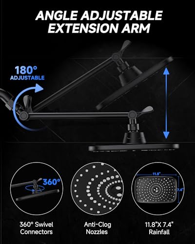 Image of Veken 11.8 inch Black Rain Shower Head, Rectangular Rainfall Showerheads with 11 inch Stainless Steel Exension Arm, Height & Angle Decor Adjustable, High Pressure Shower Heads, Bathroom Accessories