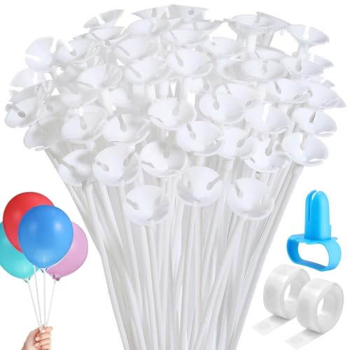 120PCS 32cm Balloon Sticks and Holders for Foil Helium Balloons on Stick with Cups Clips Glue Dots Reusable White Plastic Balloon holder Sticks for Table Anniversary Party Wedding Birthday Decoration