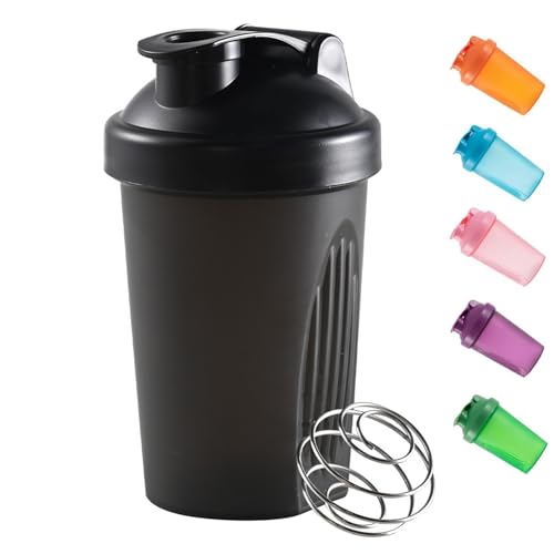 Shaker-Flasche für Proteinpulver, Kunststoff-Wasserflasche fürs Training, 400 ml, mit Mix-Ball und auslaufsichere Kappe, für Sport oder Gym, Flasche für nahrungsergänzende Getränke (Schwarz)