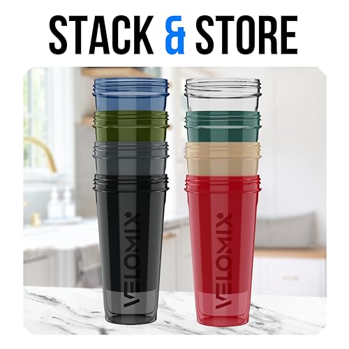 Image of VELOMIX -8 PACK- 28 oz Protein Shaker Bottle for Protein Mixes - 8x Wire Whisk | Leak Proof Shaker Cups for Protein Shakes | Stackable Protein Shaker Bottle Pack | Dishwasher Safe