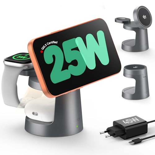 SODI UltraCharge 3 in 1 Ladestation mit Qi2.2, 25W Induktive Ladestation, Magnetisches kabelloses Ladegerät mit Nachtlicht für iPhone 17/16/15/14/13/12,Apple Watch, AirPods (45W Adapter Included),Grau