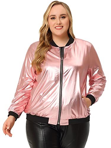 Agnes Orinda Women's Plus Size Metallic Jackets Sparkle Holographic Shiny Zip-Up with Pockets Bomber Jacket 20243