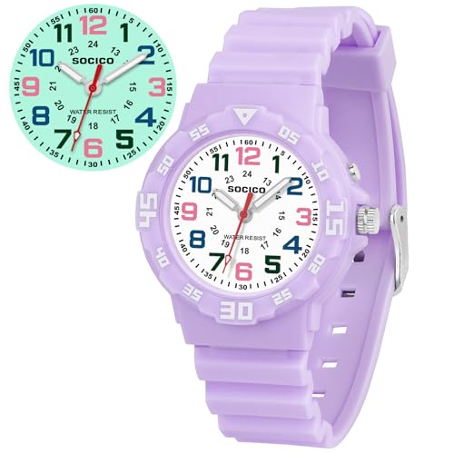 SOCICO Children Analog Watch for Boys Girls Waterproof Time Teaching Watch with Soft Band Learning Time Wrist Watch with Light Easy to Read for Kids Great Gifts