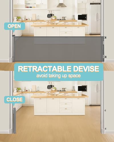 Retractable Baby Gate for Stairs – 33” Height, Expands up to 118” Width – Safety Gate for Infants, Toddlers, Dogs & Pets – Easy Install, Secure Closure, Gray Mesh Design for Indoor & Outdoor Use