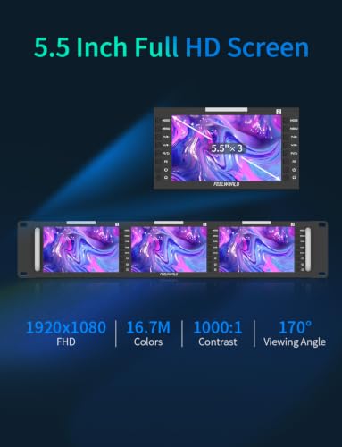 Image of FEELWORLD T51 Plus-H Triple 5.5 Inch 2RU Broadcast Rack Mount Monitor LCD 1920x1080 HDMI AV Input and Output