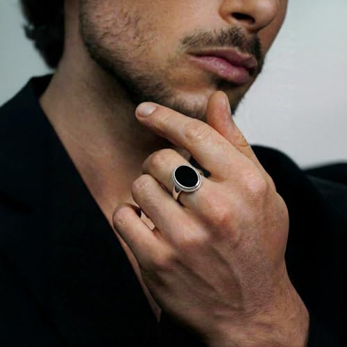 Image of TRUESILVER ACPL 925 Sterling Silver Black Onyx Signet Ring for Men | BIS Hallmarked Handmade Vintage Gemstone Ring | Antique Statement Jewelry Gift for Men