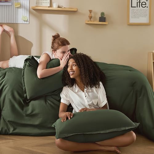 Image of Litanika Twin /Twin XL Size Comforter Sets Grey Olive Green - 5 Pieces Bed in a Bag Twin /Twin XL Bedding Comforter Sets, Solid Lightweight Bed Set with Comforter, Sheets, Pillowcase & Sham