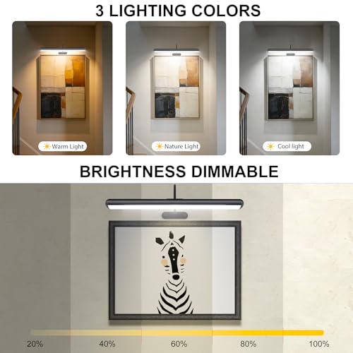 Image of Set of 2 Picture Lights with Timer Dimmer, Painting Light with Remote Rechargeable Battery ,Wall Art 3 Lighting Colors Temps,16inch Full Metal Over Picture Painting Frame Dartboard Gallery Hallway