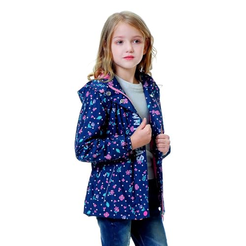 Image of Girls Rain Jacket Kids Hooded Raincoat Windbreaker with Fleece Lining