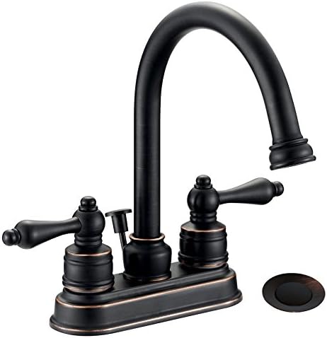 Designers Impressions 653388 Grifo de tocador de baño de dos manijas de bronce aceitado - Grifo de lavabo de baño con montaje de drenaje desplegable