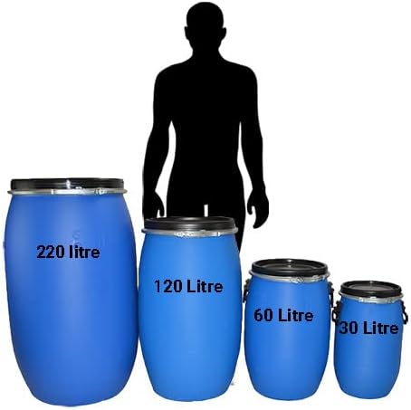 ITP Packaging Two Air Tight 120 Litre Plastic Blue Open Top Storage Shipping Barrel Drum Keg with Lid and Latch Ring, UN Approved, Food Grade for Shipping Food and Clothing