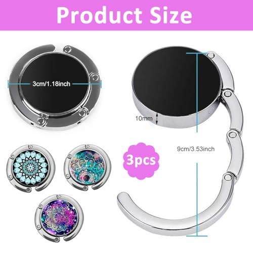 Image of HASTHIP 3Pcs Aesthetic Mandala Metal Desk Bag Hanger - Portable Folding Ring for Table, Office Desk - Aluminum Alloy Removable Hooks for Handbag, Backpack
