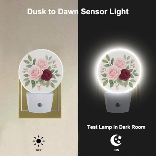 Image of EKOBLA Vintage Flower Night Light, Pink Red Roses Bouquet Retro Floral Night Lights Plug Into Wall with Dusk to Dawn Sensor for Bedroom, Bathroom and Living Room