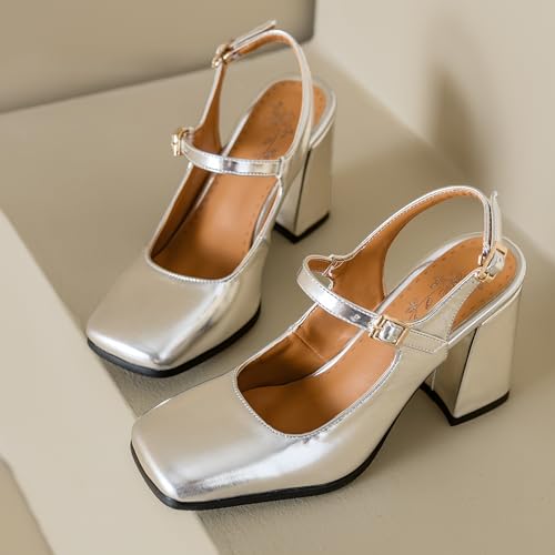 Womens Slingback Mary Jane Pumps High Heels Closed Toe Chunky Heel Ankle Strap Patent Leather Block Heel Square Toe Dress Shoes2