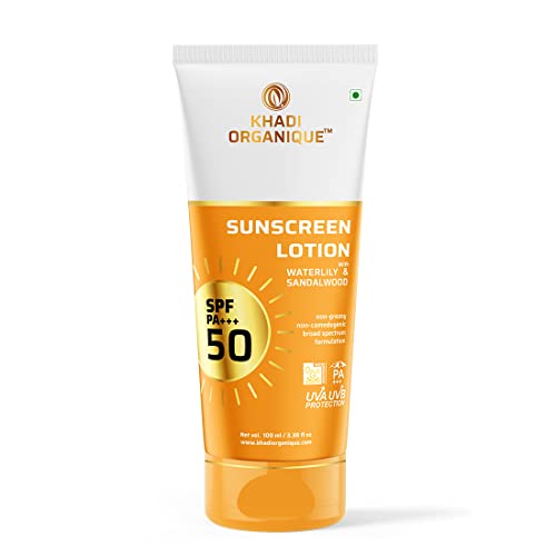 Image of KHADI ORGANIQUE Sunscreen Lotion SPF 50 PA+++ with Waterlily & Sandalwood | Broad Spectrum UVA & UVB Protection | Non-Greasy & Ultra Light Gel | For All Skin types -100ml