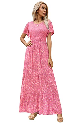 Image of Kranda Women 2025 Summer Fall Crewneck Short Sleeve Smocked Floral Maxi Dress