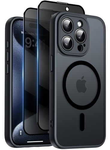 Qasyfanc Magnetic for iPhone 15 Pro Max Case with Privacy Screen Protectors X2 [Camera Protection] [15FT Military Drop Protection] Translucent Matte Back Slim Shockproof Phone Cover 6.7 Black