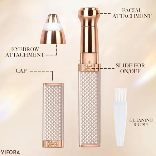 VIFORA 2-in-1 Eyebrow Trimmer for Women - Facial Hair Remover Machine For Women - Face,Upper Lips,Cheek, Chin and Nose Hair Remover, USB RECHARGEABLE Epilator With Ring Light (Gold Colour) - Image 5
