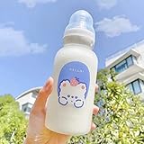 JHTPSLR Strawberry Bear Glass Water Bottle with Nipple Sippy 11oz Kawaii Water Bottle for Adults Sports Office Cute Frosted Borosilicate Drinking Bottle Portable Water Jug (D)