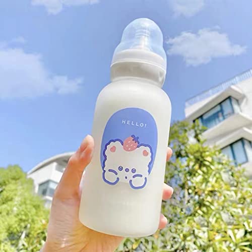 JHTPSLR Strawberry Bear Glass Sippy 11oz Kawaii Drinking Bottle for Adults Sports Office Cute Frosted Borosilicate Portable Water Jug (D)