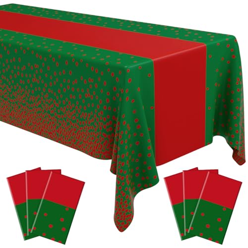 Image of Oudain 6 Pcs Green and Red Tablecloth for Parties Plastic Dot Tablecloths Printed Table Runner Waterproof Disposable Rectangle Table Cover for Christmas Birthday Wedding Party, 54 inch x 108 inch