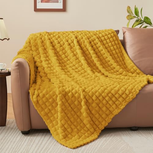 Image of BEDELITE Mustard Yellow Checked Fleece Throw Blanket for Couch, 50x70 Inch