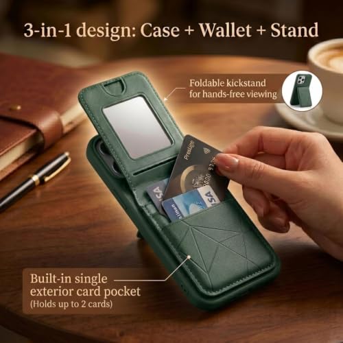 Image of amazon basics Premium Vegan Leather Back Cover with Card Holder and Integrated Mobile Stand for iPhone 12 Pro Max - Slim Shockproof Wallet Case with Geometric Stitching [Green]