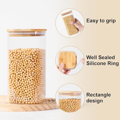 Image of MARTVIA Glass Food Storage Jars With Bamboo Lids 1500Ml Set of 6,Wide Mouth Lid Jar For Home Kitchen,Flour,Sugar,Coffee,Pasta,Oats,Grains,Cookies,Snacks (Sqaure),Transparent