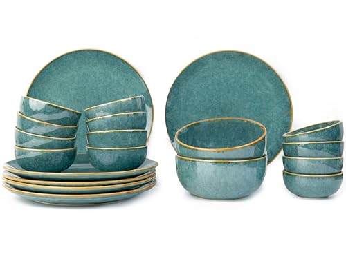 Image of Bodhi House Handcrafted Chip Resistant Ceramic Dinner Set, 20 Pieces Dish Set Serving for 6, Microwave and Dishwasher Safe, Bone-ash Free, Crockery Set for Dining and Gifting, Ocean Green