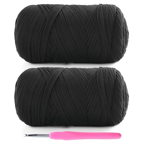 Lpalats 2 Pack T-Shirt Yarn for Crochet - 800 g/260 yds Elastic Fabric T-Shirt Yarn with 1 Crochet Hook (2 Black)
