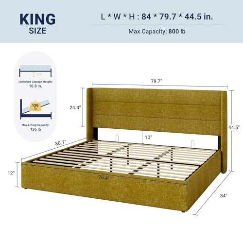 Image of Allewie King Size Lift Up Storage Bed, Modern Wingback Headboard, Hydraulic Support, No Box Spring Needed, Olive Yellow