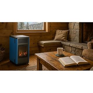 Sahara - Poêle à gaz 3,4KW Bleu et Noir Effet poêle à Bois Manhattan Chauffage d'appoint + Tuyau gaz + Détendeur Butane