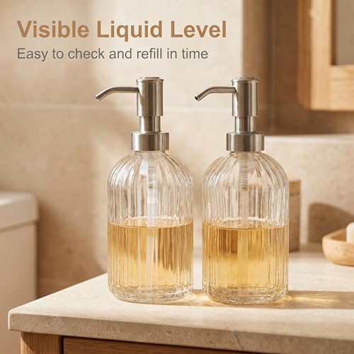 Image of 16 OZ Stripe Design Soap Dispense with 304 Rust Proof Stainless Steel Pump Glass Soap Dispenser Kitchen Soap Dispenser Bathroom