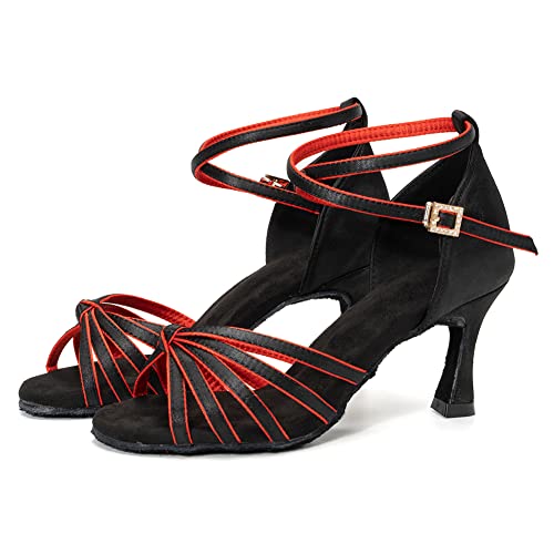Women Latin Dance Shoes Satin Professional Ballroom Salsa Practice Performance Dance Shoes, Model EM-217GB-7cm2