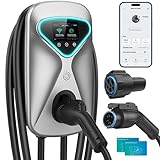 Level 2 EV Charger 50 Amp Hardwired, 48 Miles Range/Hour Smart Electric Vehicle Charging Station with WiFi App, 25ft Cable, RFID & LCD Display, J1772 & Tesla Adapter, 120V Indoor/Outdoor(Silver)