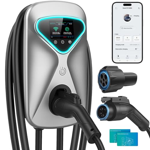 Image of Level 2 EV Charger 50 Amp Hardwired, 48 Miles Range /Hour Smart Electric Vehicle Charging Station with WiFi App, 25ft Cable, RFID & LCD Display, J1772 & Tesla Adapter, 120V Indoor /Outdoor(Silver)