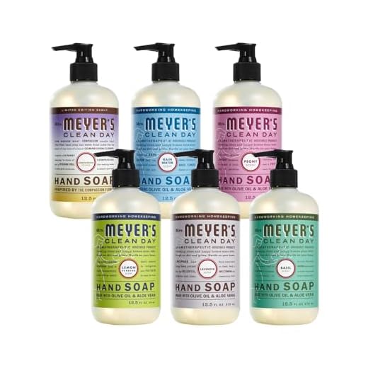 Mrs. MEYER'S Sabonete líquido para mãos CLEAN DAY pacote com 6 variedades, inclui 1 flor de compaixão, 1 água de chuva, 1 peônia, 1 limão verbena, 1 lavanda e 1 sabonete de manjericão, 354 g cada, 1