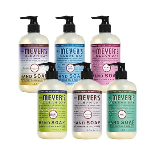 Image of Mrs. MEYER'S CLEAN DAY Liquid Hand Soap 6 Pack Bundle, includes 1 Compassion Flower, 1 Rain Water, 1 Peony, 1 Lemon Verbena, 1 Lavender and 1 Basil Hand Soap, 12.5 OZ Each (Variety Pack)