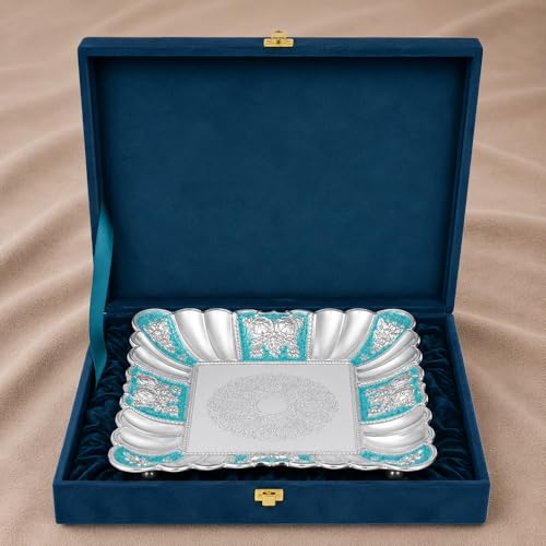 Image of Diviniti Blue German Silver Decorative Tray for Home Decor | Luxury Square Silver Plated Serving Tray for Dry Fruits, Sweets & Fruits | Floral Embossed Gift Platter with Premium Box