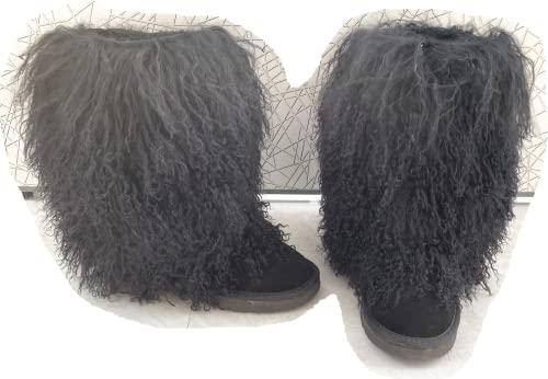 通用 MSBT Women Mongolian Fur Boots with Real Tibetan Fluffy Furry Sheep Curly Skin Snow Boot for Luxury Ladies Winter Warm Outdoor Wear Girls Soft Linning Black White Color Tall High Boots