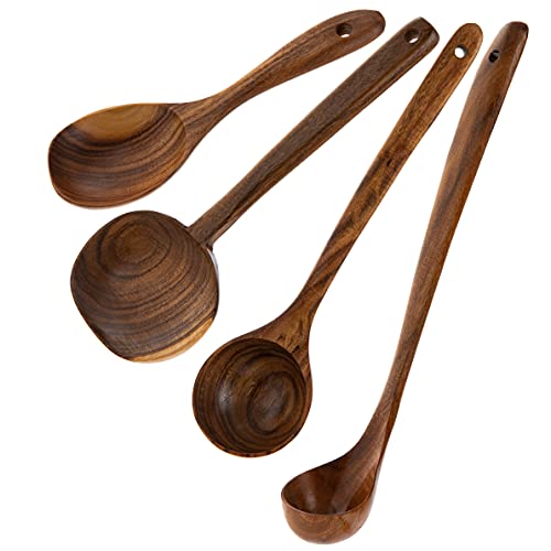 Ustensiles de cuisine en bois,4 pièces comprend des cuillères de cuisson, une cuillère plate large, une cuillère à long manche, une cuillère à riz Cover