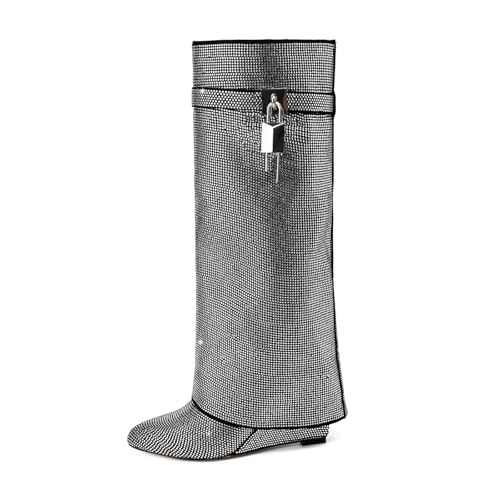 Fold Over Knee High Boots for Women - Pull-on Pointed Toe Wedge Heel With Sparkly Rhinestone and Padlock - Wide Calf Tall Fashion Boots for Party