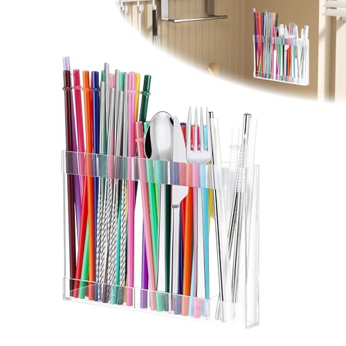 Acryl Strohhalm Halter mit Doppelseitigem Klebeband,Strohhalm Organizer,Trinkhalme Aufbewahrung,HalterWiederverwendbarer,Straw Holder,Aufbewahrungsspender für Küche,Theke, Schrank (Transparent)