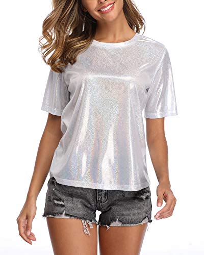 Andy & Natalie Women's Shiny Top Holographic Metallic Shirt Shimmer Sparkles Glitter Blouse #TOP1