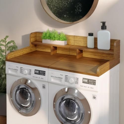 CuisinSmart Washer Dryer Countertop with 2-Tier Shelf, Wood Laundry Countertop Over Washer and Dryer with Edge, 54" Width x 27.5" Depth Laundry Hamper Table Top Storage Organization Walnut