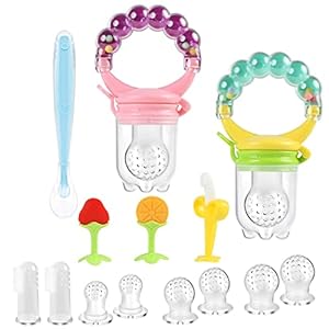 Vicloon Fruchtsauger Baby, 7 Stück Fresh Fruit Schnuller, Baby Food Feeder mit 6 Silikon Obstsauger Nippel Ersatzv in 3 Größen, BPA-frei, Gemüse Sauger Obst Gemüse Baby Essen Beikost-lila + grün…