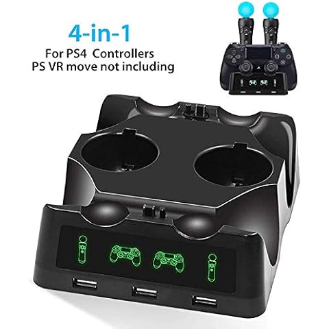 EEEkit 4 in 1 PS4 Controller Ladestation, PS4 Move Controller Ladegerät mit LED-Anzeige und drei USB-Buchsen, Quad-Ladegerät für PS4 / PS VR/Move Motion Controller Cover
