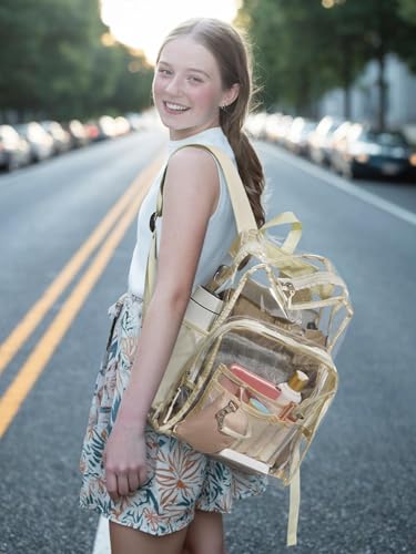 Image of Clear Backpack for School, 17 inch Large Heavy Duty-TPU See Through Bookbag for Boys Girls and Adult, Transparent Backpack With Multi-Pockets for College Work Gym Sport, Beige