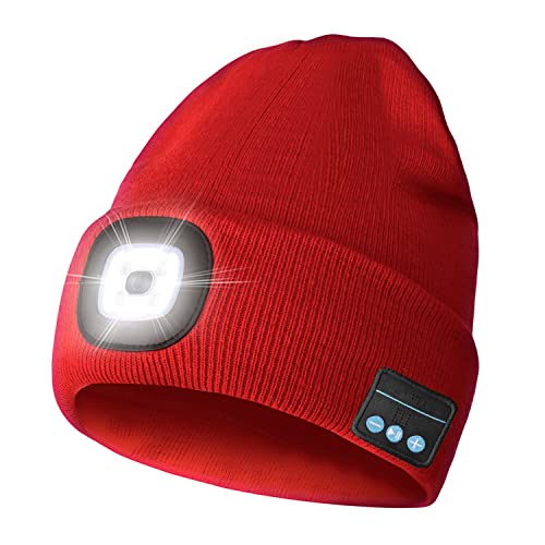 WEITOO Unisex Bluetooth Beanie Hat Light, Upgraded Musical Knitted Cap with Headphone and Built-in Stereo Speakers & Mic, Gifts for Men Women Dad Red