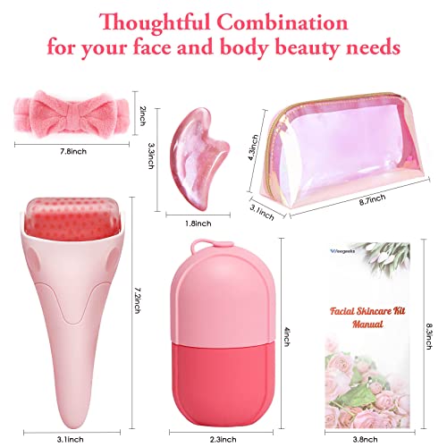 Weegeeks Ice Roller And Ice Mold For Face Massager Tools - 5-Piece Face Roller Skin Care Kit With Ice Face Roller, Face Ice Mold, Spa Headband, Gua Sha Tool-Beautiful Clutch Bag Included #TOP1